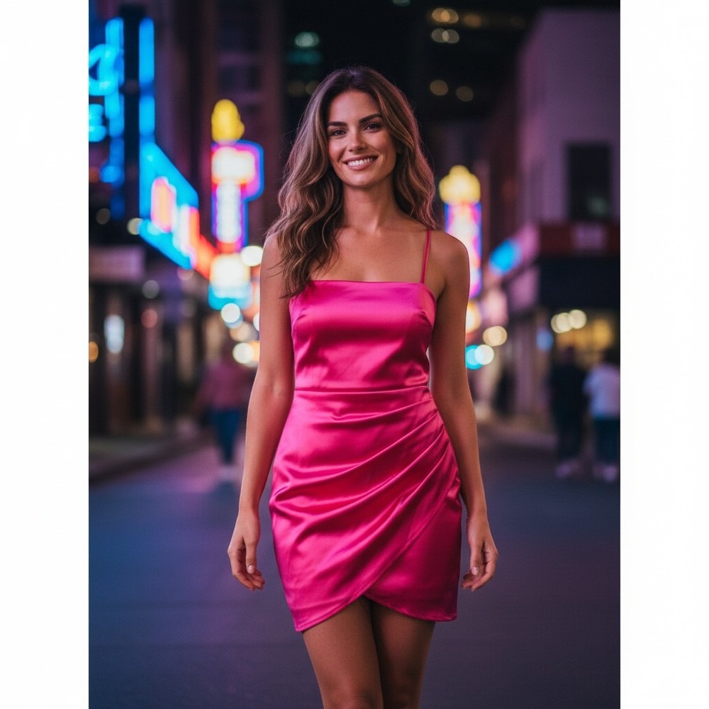 Emerald Sundae Neon Pink Satin Bodycon Mini Dress HVM4310 XS NWT Homecoming J7
